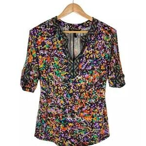 BCBGMAXAZRIA Printed Half Sleeve Split V-Neck Blouse Top Multicolor Women's S